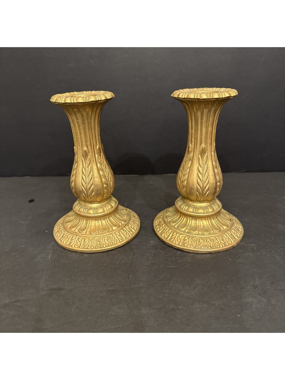 Vintage Pair Of Ornate Baroque Style Brass Heavy Gold Candleholders 6” H By 4” W